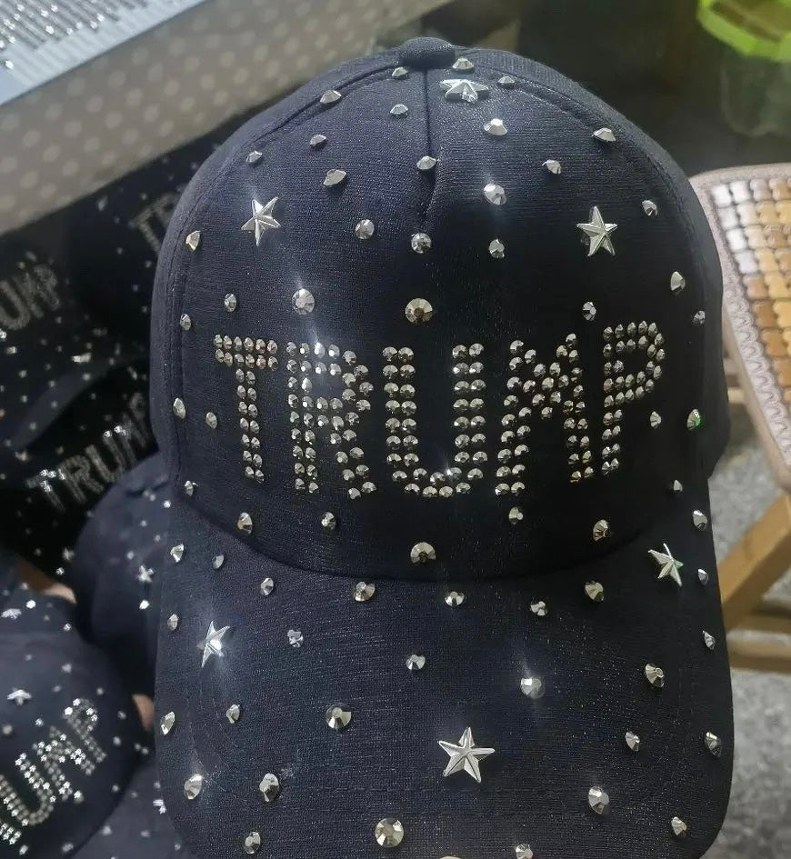 Sparkly Rhinestone Trump Cap Navy Blue